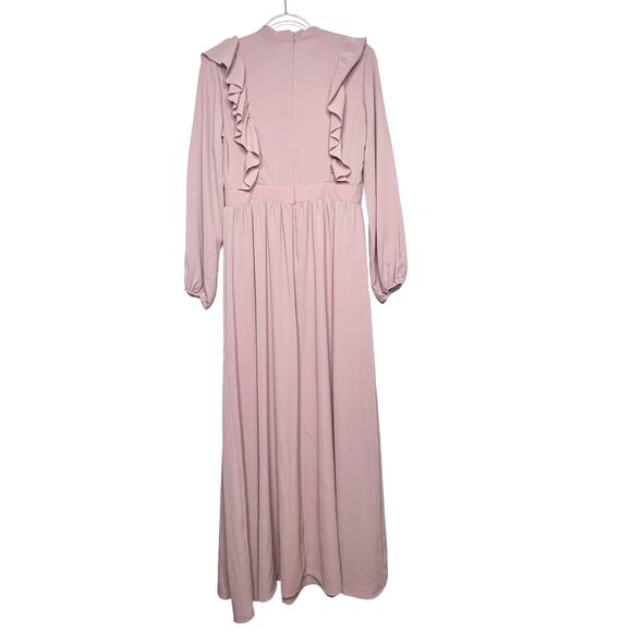 SHEIN Tie Neck Fit & Flare Ruffle Trim Long Sleeve Maxi Dress Rustic Pink Size M - Picture 8 of 11